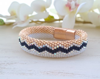 Preciosa crystals bracelet for women Rose gold rhinestone bracelet White wide cuff bracelet Black sparkling bracelet  Crochet rope bangle