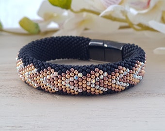 Preciosa crystal bracelet for women Black rhinestone bracelet Rose gold wide cuff bracelet Sparkling bracelet for her  Crochet rope bangle