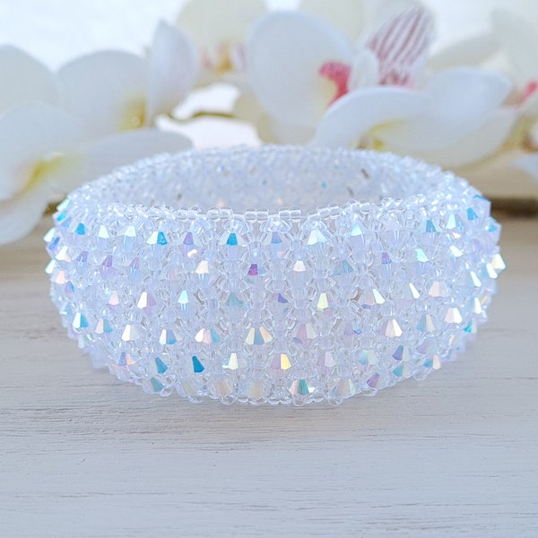 Stretch cuff bracelet for women Preciosa crystal bracelet Rhinestone cluster bracelet White embroidered bracelet Wedding wide bracelet