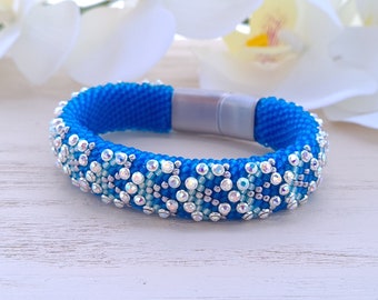 Preciosa crystals bracelet for women Silver rhinestone bracelet Blue wide cuff bracelet Mint sparkling bracelet  Rainbow crochet rope bangle