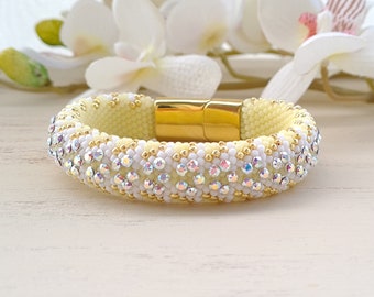 Austrian crystal bracelet for women Yellow rhinestone bracelet Gold wide cuff bracelet White sparkling bracelet for her Victorian jewelry