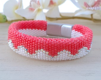 Preciosa crystal bracelet for women White rhinestone bracelet Coral wide cuff bracelet Sparkling bracelet for her  Crochet rope bangle
