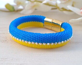 Ukrainian flag bracelet Yellow and blue bracelet for women Rhinestone cuff bracelet Beaded flat bangle Bright sparkling bracelet for her