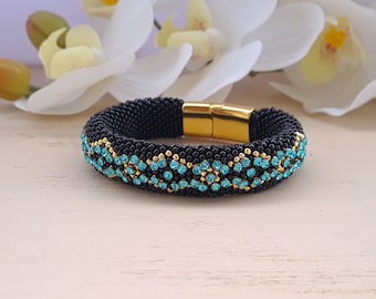 Bracciale in cristallo austriaco da donna Bracciale con strass nero Bracciale largo turchese chiaro Bracciale scintillante in oro Gioielli vittoriani