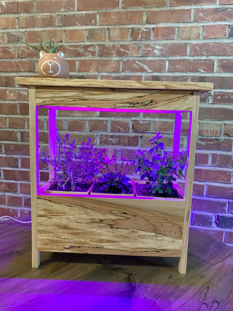 Herb Garden Planter LED Grow Light Maple Etsy