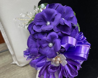 African Violet Corsage "Delta Dear" Purple corsage DST corsage with three ribbon variations, pearl and crystal pic enhancements