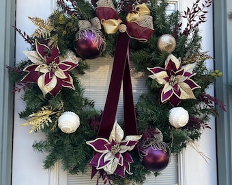 Elegant door wreath and mailbox jewelry, Mulberry and gold accents