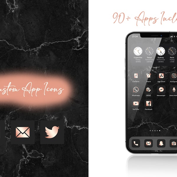 iPhone iOS App Icons Rose Gold Black Chic Aesthetic App Icon Pack 90+ App Pack + Backgrounds Apple App Widgets