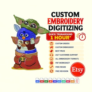Pode incluir: Um gráfico digital para serviços de digitalização de bordados personalizados com uma ilustração empilhada de um alienígena verde, um brinquedo azul e uma criatura castanha com túnica vermelha. O texto inclui CUSTOM EMBROIDERY DIGITIZING e Etsy.