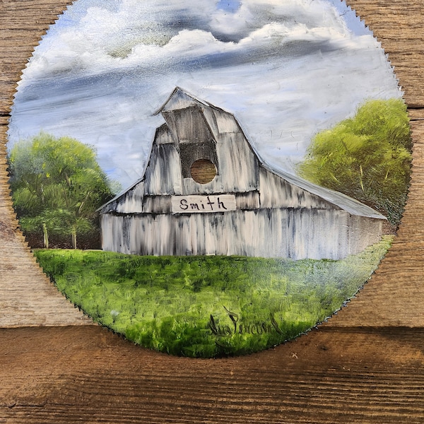 personalized hand painted vintage 10 inch  saw blade. can have this barn or send me a picture of  your barn. can be personalized or not.