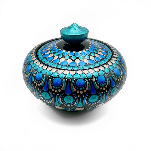 Trinket Pot with Lid, Blue, Green and Tan