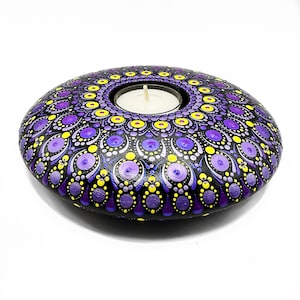 Large Round Tea Candle Holder, Purple & Yellow