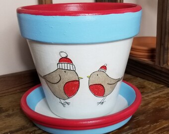 Hand Painted Decoupaged Red, White and Light Blue 6" Flower Pot with Matching Saucer, Winter Birds Theme