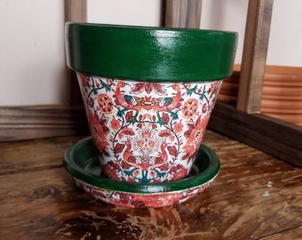 Hand Painted Decoupaged Peacock Garden Floral, Dark Green Trim 4.5" Terra Cotta Pot with Matching Saucer Glossy Finish, Painted Flower Pot