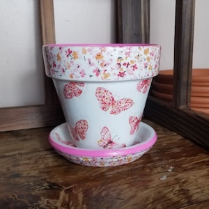 Hand Painted Decoupaged Pretty Butterfly Floral Pattern, Pink Trim 4.5&quot; Terra Cotta Pot with Matching Saucer Glossy Finish, Garden Gifts