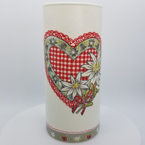 Floral Edelweiss Checkered Lace Trimmed Heart Glass Vase, White Background, Painted Decoupaged Glass Vase, 7.5 Inch Height, 3.25 Inch Width