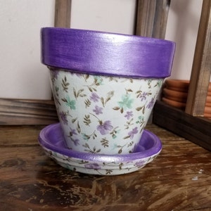 Hand Painted Decoupaged Pretty Floral Pattern, Metallic Purple Trim 4.5&quot; Terra Cotta Pot with Matching Saucer Glossy Finish, Garden Gifts