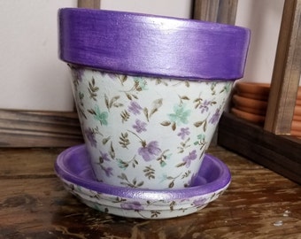 Hand Painted Decoupaged Pretty Floral Pattern, Metallic Purple Trim 4.5" Terra Cotta Pot with Matching Saucer Glossy Finish, Garden Gifts