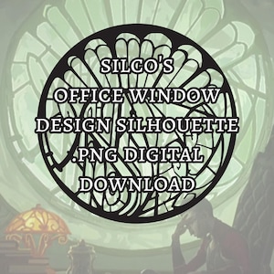 Puede incluir: Diseño circular negro con el texto "SILCO'S OFFICE WINDOW DESIGN SILHOUETTE PNG DIGITAL DOWNLOAD". El diseño es una silueta de una vidriera.