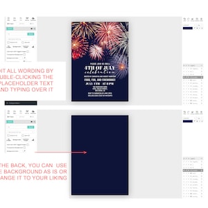 K&ouml;nnte beinhalten: Editierbare 4. Juli-Einladungsvorlage mit einem marineblauen Hintergrund und Feuerwerk im Hintergrund. Der Text lautet "Bitte schlie&szlig;en Sie sich uns zu einer 4. Juli-Feier an" mit Datum und Uhrzeit der Veranstaltung. Der Text ist wei&szlig; und der Hintergrund ist marineblau.