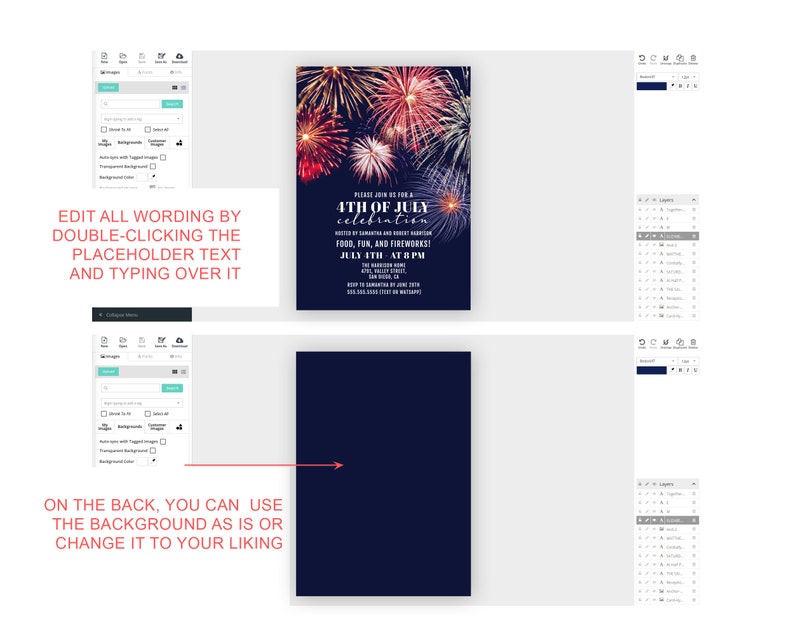 K&ouml;nnte beinhalten: Editierbare 4. Juli-Einladungsvorlage mit einem marineblauen Hintergrund und Feuerwerk im Hintergrund. Der Text lautet "Bitte schlie&szlig;en Sie sich uns zu einer 4. Juli-Feier an" mit Datum und Uhrzeit der Veranstaltung. Der Text ist wei&szlig; und der Hintergrund ist marineblau.