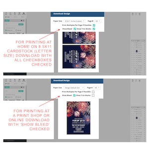 K&ouml;nnte beinhalten: Screenshot eines Computerbildschirms, der eine Designvorlage f&uuml;r eine Einladung zum 4. Juli zeigt. Die Vorlage hat ein rot-wei&szlig;-blaues Farbschema mit Feuerwerk und dem Text "4th of July Celebration". Der Benutzer kann w&auml;hlen, ob er die Einladung zu Hause oder in einer Druckerei druckt. Der Benutzer kann auch w&auml;hlen, ob er Beschnittmarken f&uuml;r den professionellen Druck einf&uuml;gt.
