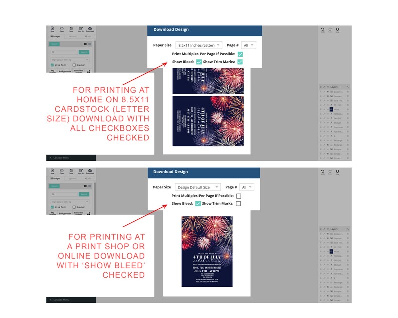 K&ouml;nnte beinhalten: Screenshot eines Computerbildschirms, der eine Designvorlage f&uuml;r eine Einladung zum 4. Juli zeigt. Die Vorlage hat ein rot-wei&szlig;-blaues Farbschema mit Feuerwerk und dem Text "4th of July Celebration". Der Benutzer kann w&auml;hlen, ob er die Einladung zu Hause oder in einer Druckerei druckt. Der Benutzer kann auch w&auml;hlen, ob er Beschnittmarken f&uuml;r den professionellen Druck einf&uuml;gt.