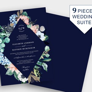 Navy Floral Hydrangea Wedding Invitation Template, Floral Wedding Invitation Suite, Monogram Wedding Invitation Kit Template