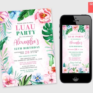 Digital Birthday Invitation Template, Tropical Pink Floral Luau Party Birthday Invitation, Girl Woman Birthday Smartphone iPhone Invite