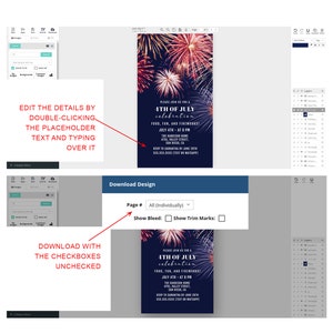 K&ouml;nnte beinhalten: Eine digitale Designvorlage f&uuml;r eine Einladung zu einer 4. Juli-Feier. Die Einladung hat einen dunkelblauen Hintergrund mit einem rot-wei&szlig;-blauen Feuerwerk. Der Text auf der Einladung lautet: "Bitte feiern Sie mit uns den 4. Juli. Essen, Spa&szlig; und Feuerwerk. 4. Juli - um 20:00 Uhr. The Harrison Home, 1234 Valley Street, San Diego, CA. Bitte melden Sie sich bis zum 20. Juni bei Samantha an. 555-555-5555 (SMS oder Whatsapp)"