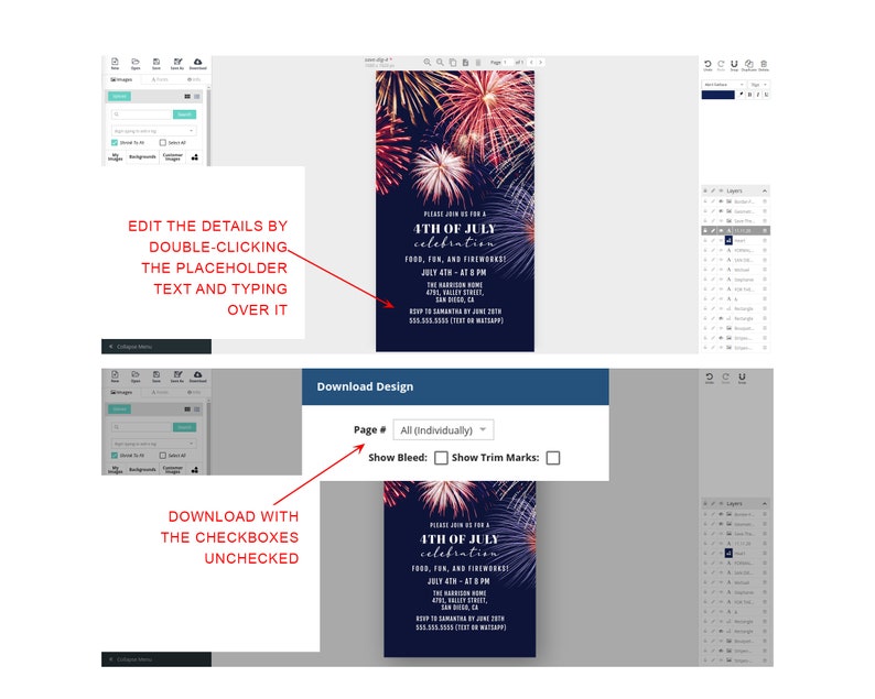 K&ouml;nnte beinhalten: Eine digitale Designvorlage f&uuml;r eine Einladung zu einer 4. Juli-Feier. Die Einladung hat einen dunkelblauen Hintergrund mit einem rot-wei&szlig;-blauen Feuerwerk. Der Text auf der Einladung lautet: "Bitte feiern Sie mit uns den 4. Juli. Essen, Spa&szlig; und Feuerwerk. 4. Juli - um 20:00 Uhr. The Harrison Home, 1234 Valley Street, San Diego, CA. Bitte melden Sie sich bis zum 20. Juni bei Samantha an. 555-555-5555 (SMS oder Whatsapp)"