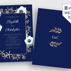 Monogram Anemone Flower Navy Blue And White Wedding Invitation Template, Floral Wedding Invitation Kit, Elegant Calligraphy Wedding Invite