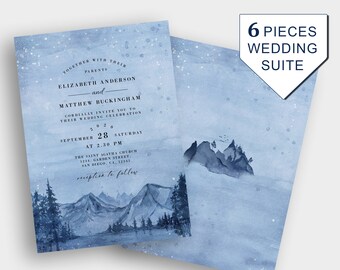 Bergsee Bäume Hellblau Aquarell Hochzeit Einladungsvorlage, Winter Camping Outdoor Hochzeitseinladungsreihe Vorlage Download