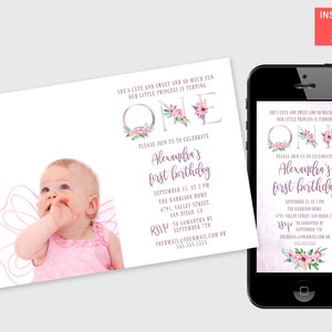 First Birthday Photo Invitation Template, Cute Pink Floral First Birthday Invitation, Baby Girl First Birthday Smartphone Photo Invite
