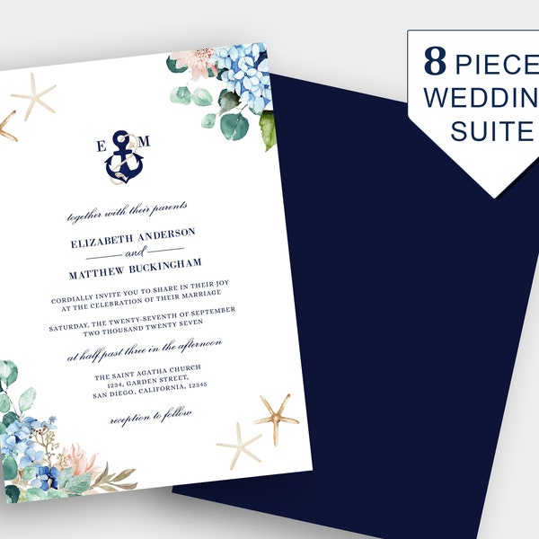 Hydrangea Beach Wedding Invitation Template, Instant Download Template, Floral Wedding Invitation Suite, Anchor Monogram Wedding Invitation