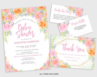 Rose Blumen Rosa Orange Baby Mädchen Babyparty Einladung Vorlage, Sofortiger Download Vorlage, Aquarell Boho Babypartyeinladung Kit