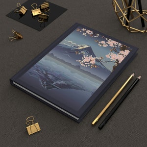 Japanese Art Mountain Fuji Lake Kawaguchi Japan Sakura Bloom Spring Cherry Blossom Elegant Blue Hardcover Journal Matte