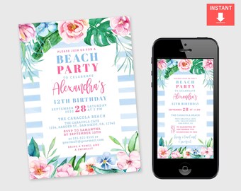 Beach Birthday Party Invitation Template, Summer Birthday Invitation Suite, Tropical Pink Blue Floral Beach Birthday Invitation Template