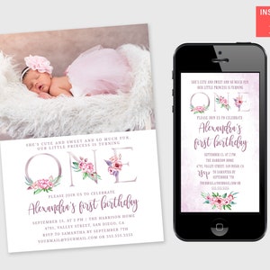 Digital First Birthday Girl Invitation Template, Cute Pink Floral First Birthday Invitation, Girl First Birthday Smartphone Photo Invite