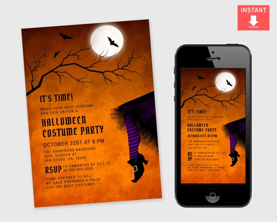 Halloween Party Invite, Fun Witch Dress Moon Orange Purple Black Halloween Party Invitation Editable Template, Phone Halloween Invitation - Etsy Halloween Party Invite, Fun Witch Dress Moon Orange Purple Black Halloween Party Invitation Editable Template, Phone Halloween Invitation - Etsy