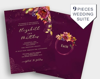 Dark Purple Monogram Wedding Invitation Template, Floral Fall Wedding Invitation Suite, Watercolor Wedding Invitation Kit Template Download