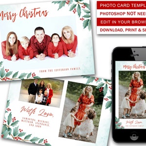 Navidad tarjeta de la foto plantilla editable, acuarela holly rojo verde verde navidad tarjeta de felicitación imprimible, tarjeta de Navidad de la foto smartphone iPhone