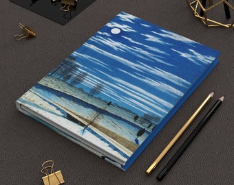 Mondlicht Winter Motiv Hardcover Journal Vollmond WinterNacht Amerikanische Fine Art Aquarell Landschaft Elegant Blau Notizbuch