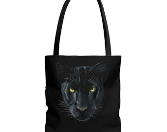 Hand-Painted Panther Black Tote Bag Animal Big Cat Black Leopard Tote Bag