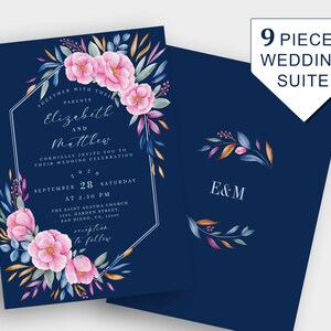 Navy Blue Blush Pink Monogram Wedding Invitation Template, Boho Floral Wedding Invitation Suite, Watercolor Wedding Invitation Kit Download
