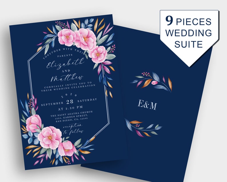 Navy Blue Blush Pink Monogram Wedding Invitation Template Etsy