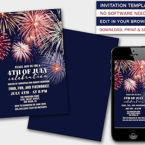 4th of July Party Invitation Template, Independence Day Fireworks Party Invite, Phone 4th of July Celebration Digital Invite