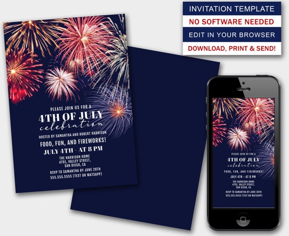 4th of July Party Invitation Template, Independence Day Fireworks Party Invite, Phone 4th of July Celebration Digital Invite