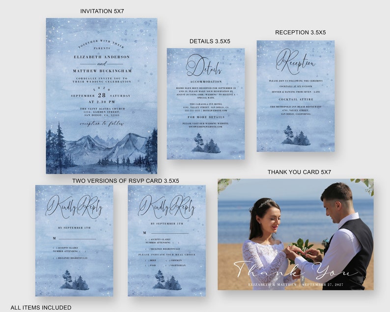Mountain Lake Trees Light Blue Watercolor Wedding Invitation Template Winter Camping Outdoor Wedding Invitation Suite