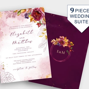 Marsala Monogram Wedding Invitation Template, Floral Fall Wedding Invitation Suite, Watercolor Wedding Invitation Kit Template Download